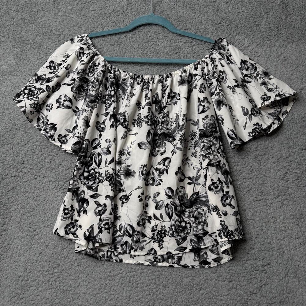 Emetla Blouse Top Women's Medium Black and White Floral Off the Shoulder Top